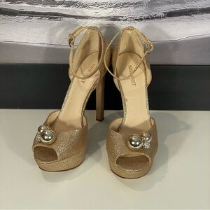 Nine West Gold Glitter Open Toe Platform Stiletto Ankle Strap Heel Shoe Sz 9